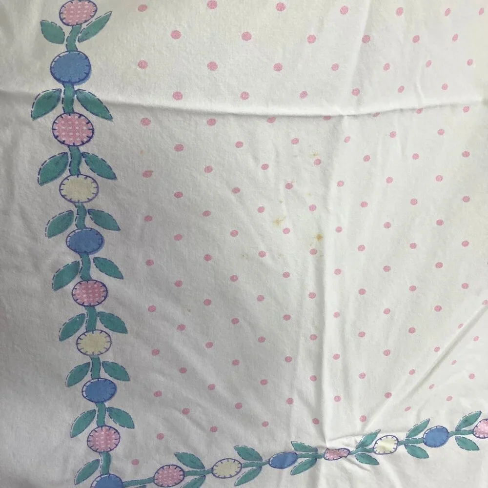 Vintage Fruit Tablecloth Pink Blue 51x 58 Cotton Mid Century Spring Summer